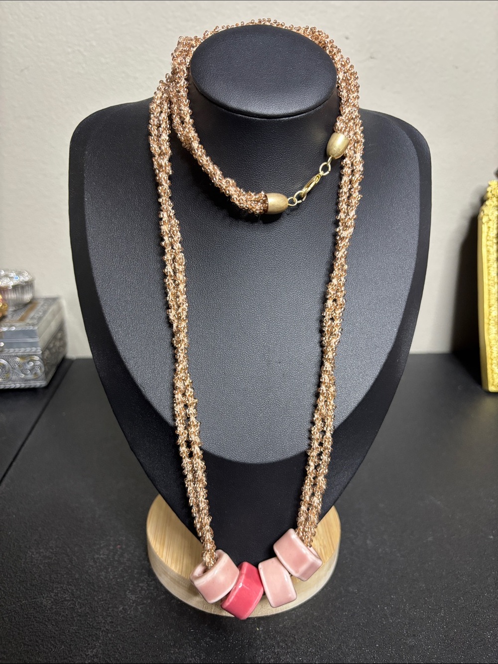 Rose Gold Boho Unique Beaded Long Necklace Pink Ceramic Accents